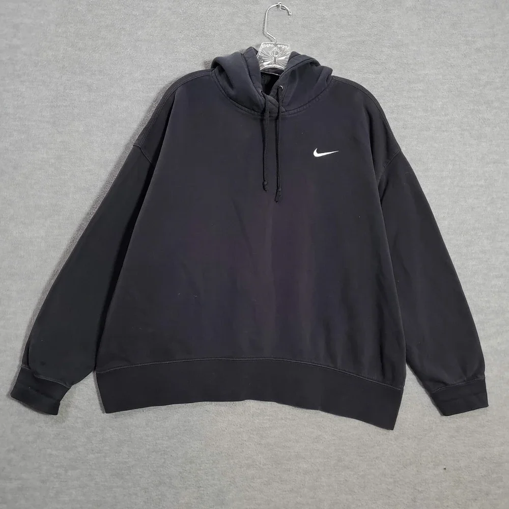 Nike Women Sweatshirt XL Black Swoosh Fleece Hoodie Oversized Drawstring READ